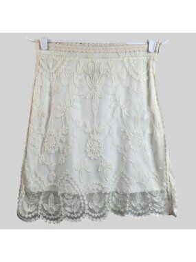 Double D Ranch Western Mini Skirt S White Embroidered Floral Lace Boho Festival